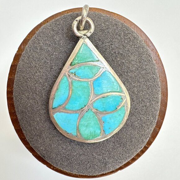 VTG Zuni Signed SKJ Sterling Silver 925 Turquoise Inlay Pendant Size 1.25" - Picture 1 of 11